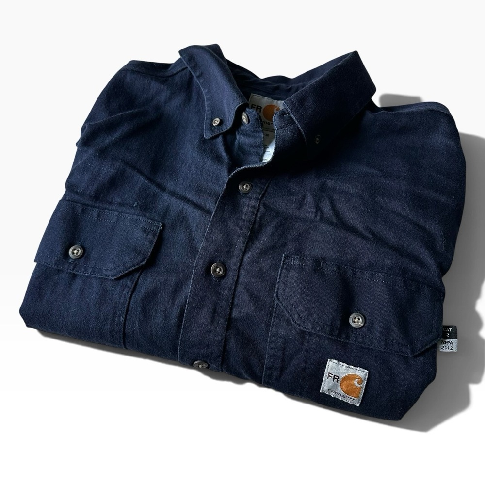 Carhartt CAT2 FR Flame Resistant Button Shirt Mens Large Navy Blue Workwear Work